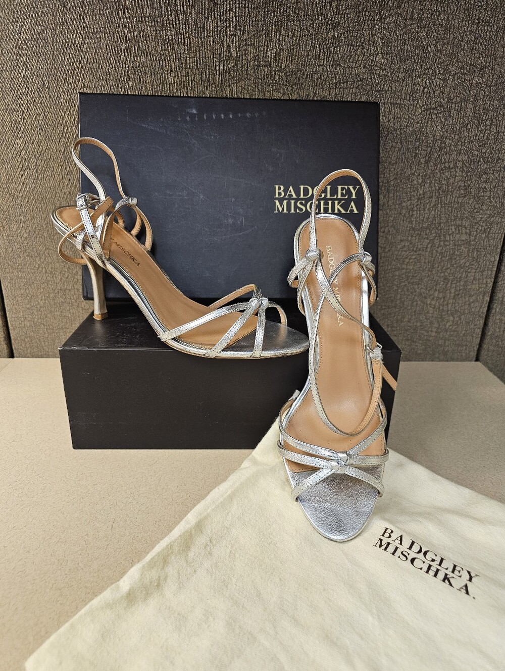 BADGLEY MISCHKA Kendal Silver Metallic Strappy Stiletto Sandals